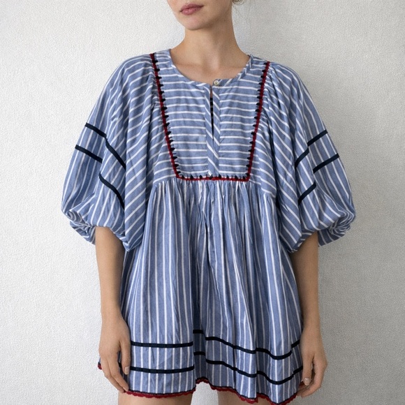 RHODE Jaques Dress Yacht Stripe Cotton Puff Sleeve Babydoll Size XS Retail $445